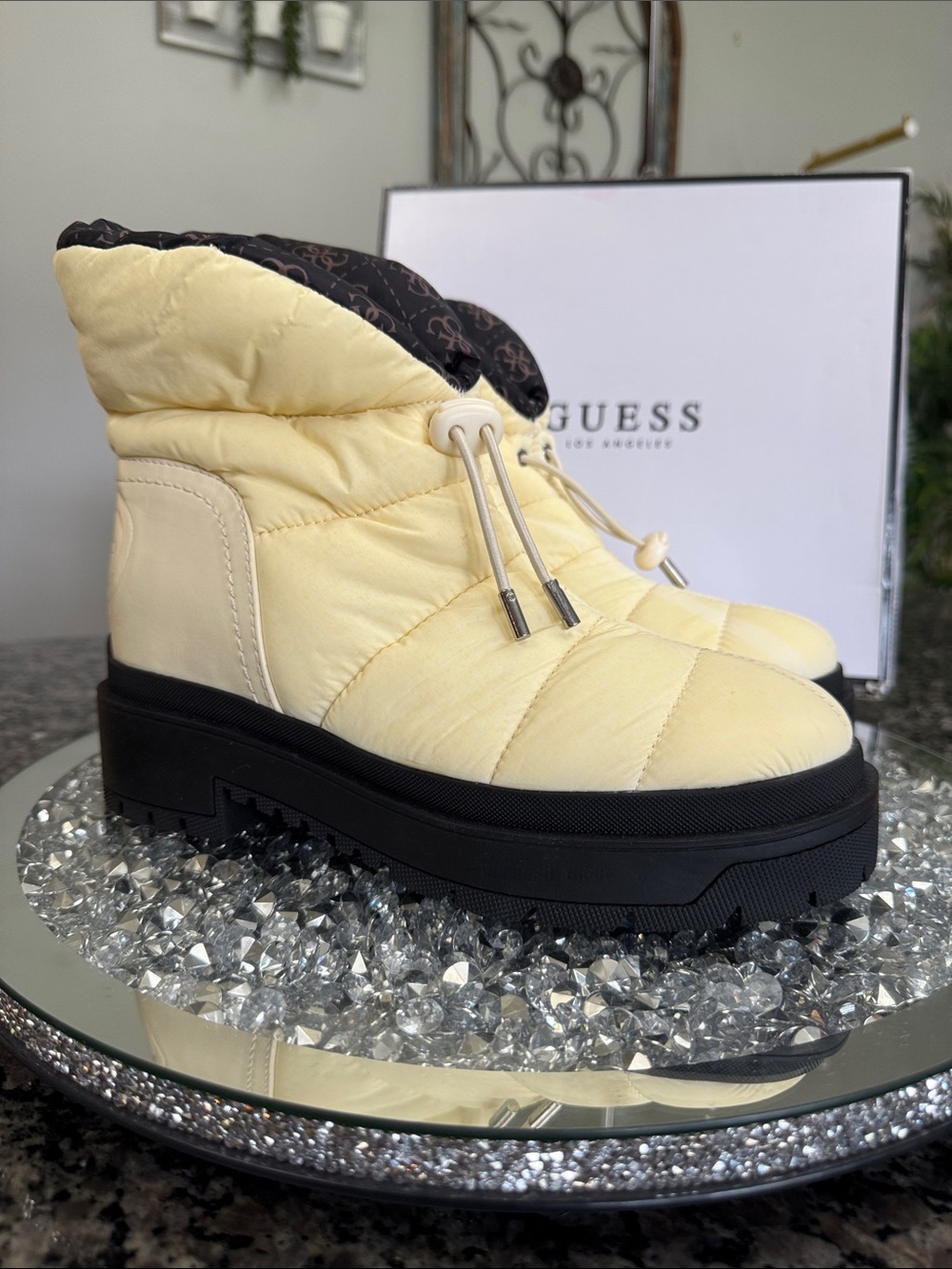 Guess Quilted Puffer Ankle Boots in Light Yellow with Black Sole MEW 7